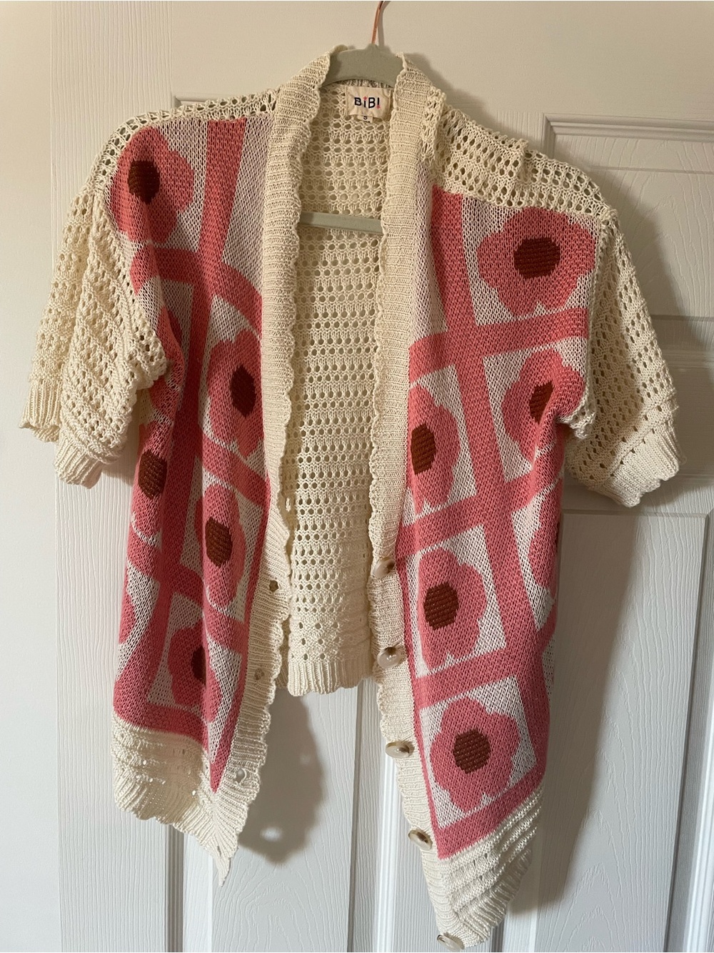 BIBI Cream Cardigan with Pink Floral Open Knit